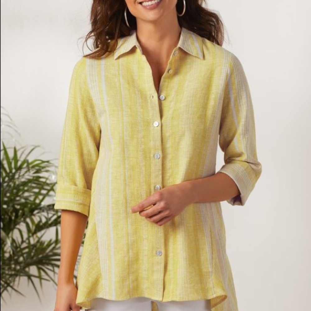Soft Surroundings Livienne Yellow Striped Linen Blend Shirt